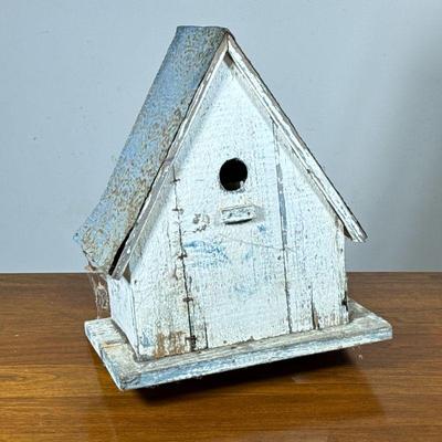Folk Art Birdhouse | White painted wooden birdhouse with a hammered tin roof. - h. 18 x w. 14 x d. 9.5 in

