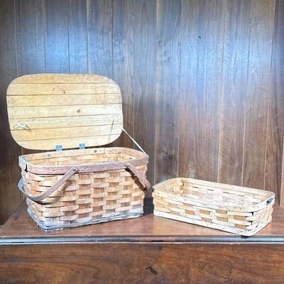 Vintage Picnic Basket | Woven wooden picnic basket with double bail handles, hinged lid opening to a fitted interior. - h. 10.25 x w....