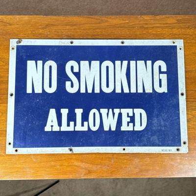 VINTAGE ENAMELED METAL “NO SMOKING ALLOWED” SIGN | Nelke, NY, white text on a blue background - h. 14.6 x w. 21.5 in