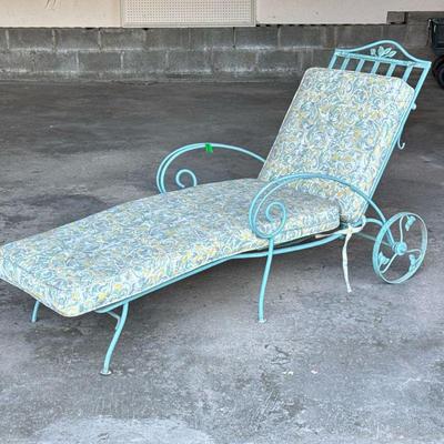 MID CENTURY CAST IRON PATIO LOUNGE RECLINER | Outdoor furniture lounge chair, with scrolled arms and vine motif - h. 23 x w. 27 x l. 77 in


