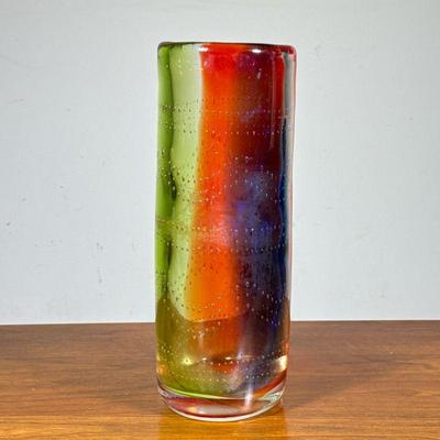 Colorful Art Glass Vase | Red, green, and blue with bubble pattern; no apparent signature. - h. 13 x dia. 5 in

