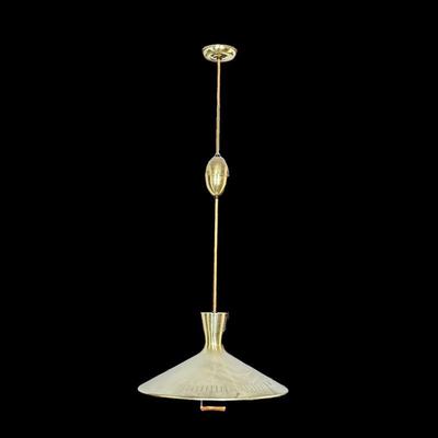 MCM BRASS HEIGHT ADJUSTABLE HANGING PENDANT LIGHT | Mid-century modern brass ceiling light fixture; current drop from ceiling 35 inches....
