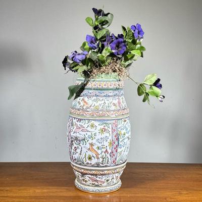 Large Faience Vase | Faience pottery vase with overall decoration of animals - h. 15.25 x dia. 8.5 in

