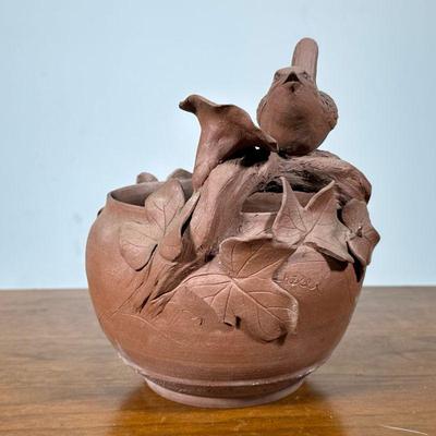 REDWARE ART CERAMIC BOWL WITH BIRD FIGURE | Initialed “CR” on base. - h. 7.5 x dia. 6.5 in

