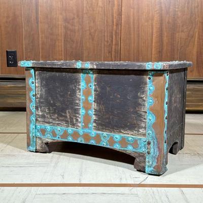 Copper Banded Chest | With hinged lid, patinated copper banding. - h. 15 x l. 24.5 x d. 15.5 in

