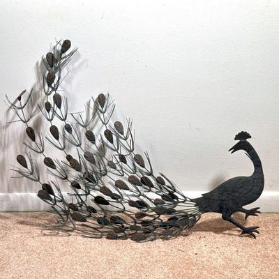 FOLK ART METAL PEACOCK | Decorative metal peacock sculpture. - h. 26 x w. 33 x d. 1 in