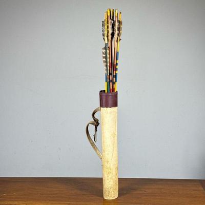 (10pc) Quiver & Arrows | A leather quiver with nine colorfully painted arrows. - h. 17 in (quiver)