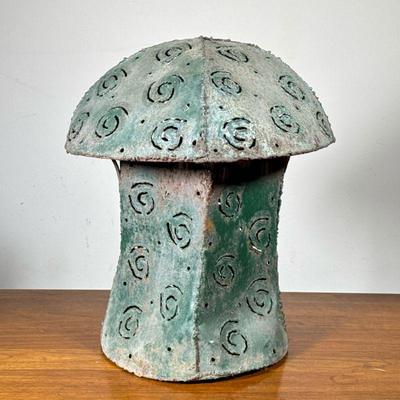 FOLK ART STYLE PIERCED METAL LANTERN | Patinated metal lantern with pierced spiral pattern, no interior or wiring, use over an electric...