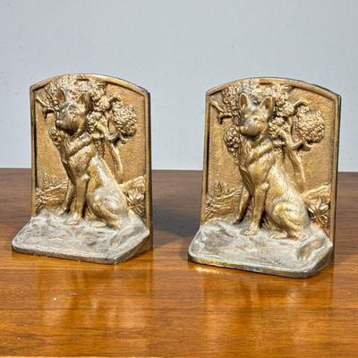 (2pc) Bradley & Hubbard Bookends | Cast iron German Shepherd book ends. - h. 5.75 x w. 4.5 x d. 2.25 in

