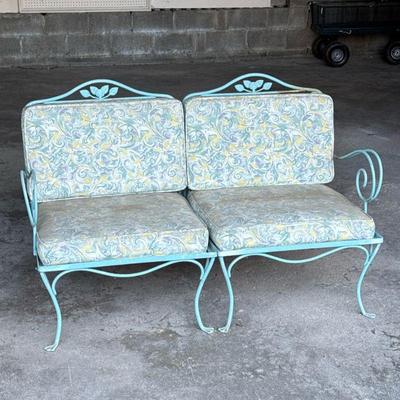 MID-CENTURY CAST IRON SETTEE SOFA | Outdoor patio furniture, love seat in blue with scroll arms. - h. 35 x w. 52 x d. 28 in

