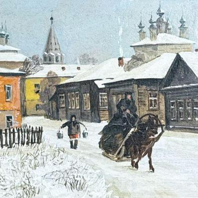 Folk Art Winter Scape | Folk art style Russian winterscape. Oil on Masonite. Signed in Cyrillic lower right. 6.5 x 9.5 in.

