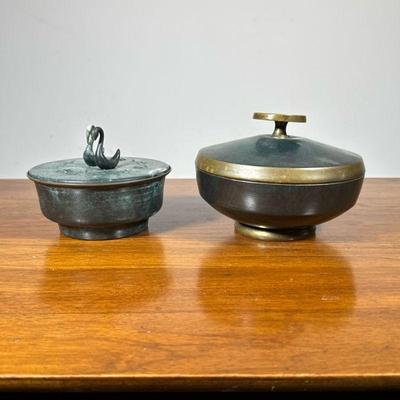 (2pc) Lidded Metal Boxes | Each marked made in Israel. - h. 4.5 x dia. 6.5 in (larger)

