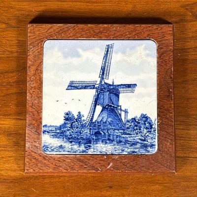 Delft Style Trivet | Blue and white delft style tile in a wood frame. - h. 8 x w. 8 in (overall)


