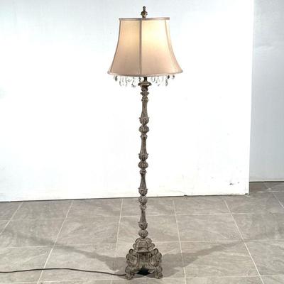 TORCHIERE FORM FLOOR LAMP | With hanging cut glass jewels. - h. 63 x d. 15 in (over shade)