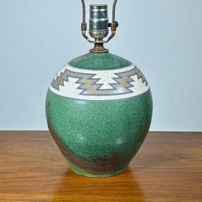 SOUTHWEST POTTERY STYLE CERAMIC LAMP | Green glazed ceramic with Southwestern geometric pattern around the rim. - h. 17 in