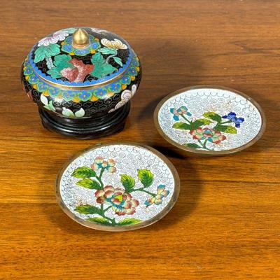 (3pc) Chinese Cloisonné | Including a round lidded jar in a fitted wood stand and a pair of small dishes with flowering branches on a...