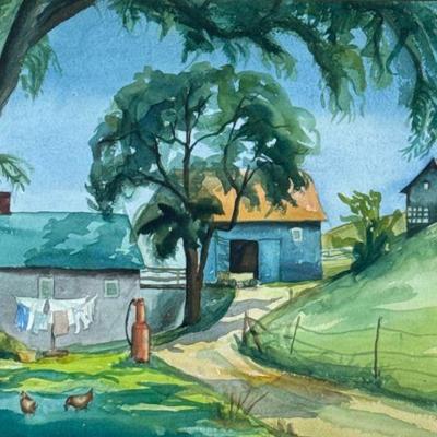 Zelda Becker (20th Century) | Farm scene. Watercolor on paper. Signed and dated '43 lower right. Sight 13.5 x 20.75 in. - h. 22 x w....