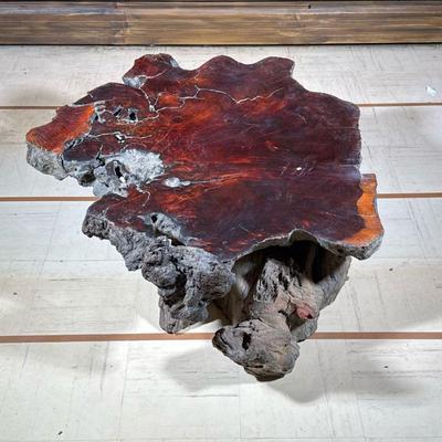BURLED WOOD LIVE EDGE TABLE | Having an incredible 4 inch thick live edge top with large sections of burled specimen wood. Peg...