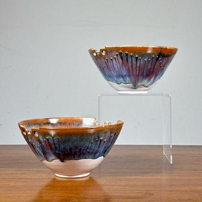 (2pc) Art Pottery Noodle Bowls | Flambé glazed soup bowls with chopstick crusts, each with incised signature on the bottom “garnier” - h....