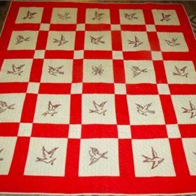 Lot 001  
Red White Quilt BIRDS embroidered