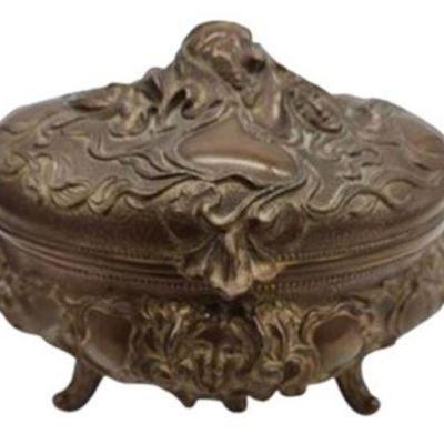 Lot 050   
Vintage Ornate Raised Rose Hinged Oval ~ Trinket Box 6" x 4"