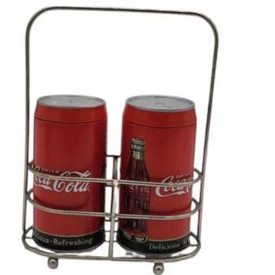 Lot 062  
Vintage Metal Coca-Cola Can-Looking Salt and Pepper Shakers With Holder