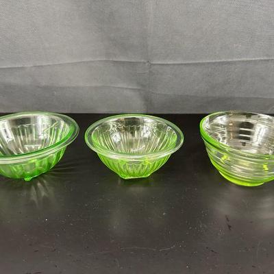 3 pretty different design green uranium glass bowls