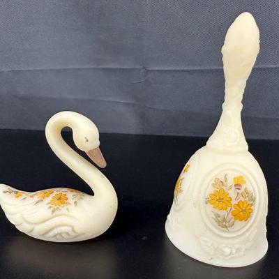 2 fenton satin hand painted swan and bell by debra kay c