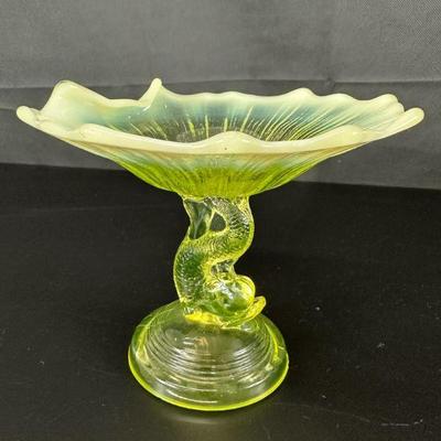 Anique yellow dolphin vaseline sea serpent pedestal compote