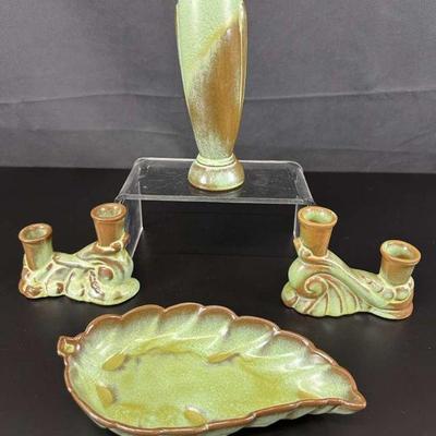 Frankoma prairie green candle holder 304 leaf bowl #225 vase #43