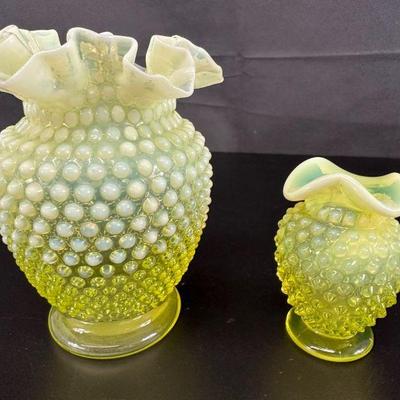 2 vintage fenton hobnail vaseline ug ruffled edge miniature vase