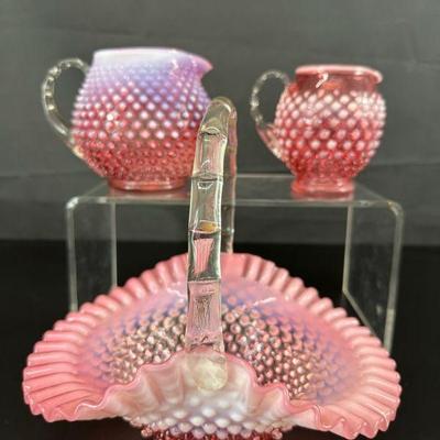 3 pink pretty hobnail glassware basket pitchers