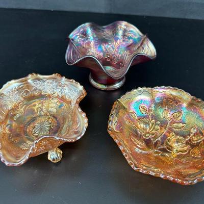 3 fenton carnival ruffled bowl ruffled footed couger bowl