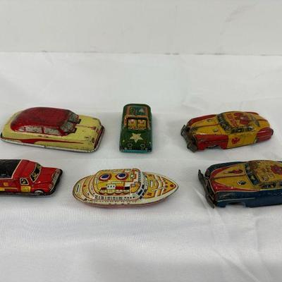 6 vintage tin cars boat jeep police car