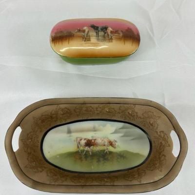 2 vintage royal bayreuth 1900 cow oval dish cow covered dish