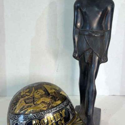 Stone Egyptian Phaoronic King Statue With Brass Egyptian-Made Hat: 2pcs
Brass hard hat hammered and etched