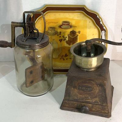 Vintage Butter Churn With Cast Iron Coffee Grinde