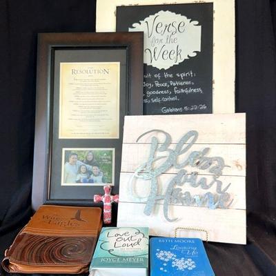 Inspirational sign
Books
Bible carrier
Resolution with photo frame 
Distressed Chalk board "Verse of the Week"