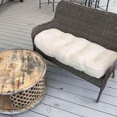 Wicker Outdoor Bench & Wooden Table