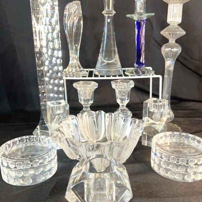 Oleg Cassini signed 
Twos company blown glass 
24% lead Crystal candle holder
Vintage cobalt twist candle holder 
Etched glass tulip bowl 