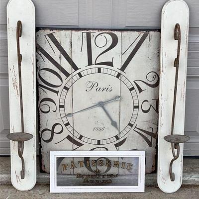 Metal retro kitchen clock 23x28x1
Set of candle holder wall mounts 5x35x1
Patisserie glass sign 18x8x1