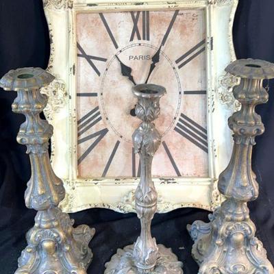 Brass And Silverplate Candlestick Holders With Wall Clock