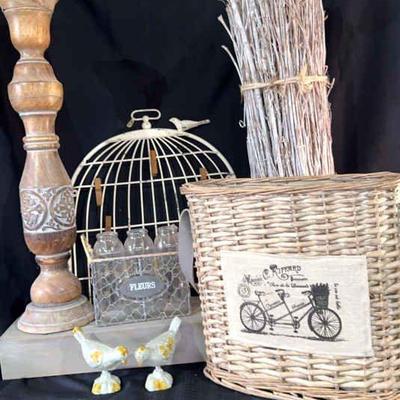 Cast iron bird pair
Florist bicycle basket
Sizes range from 2 x 4 x 4 in. to 28!x 3 x 6 in.
Chicken wire basket with bottles 
Branch...
