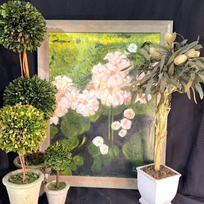 Framed Oil Painting On Canvas Peonies By J. Smeby With Faux Plant Decor