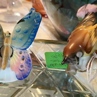 Figurines, Butterfly by Harrier Karl End Volksted, Bird by Hutschenreuther with JR initials on bottom