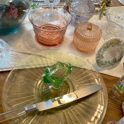 Beautiful assortment of Victorian pressed glass, Etched cornflower depression glass, pink and green depression glass