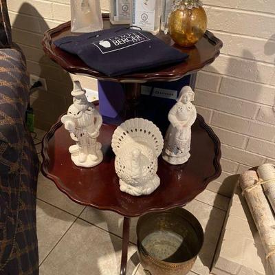 Antique Pie Table with assortment of Lampe Berger Paris burners and oils