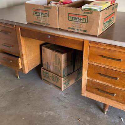 mid century old wooden office desk with lock and key