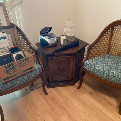 vintage pair of matching chairs with wicker backs