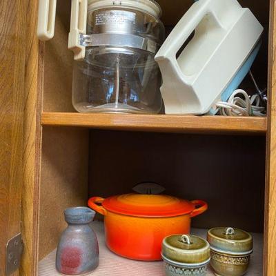 hand mixer, Vintage percolator coffee pot, Le Crueset from France, small casserole dish labled with an A, flame color